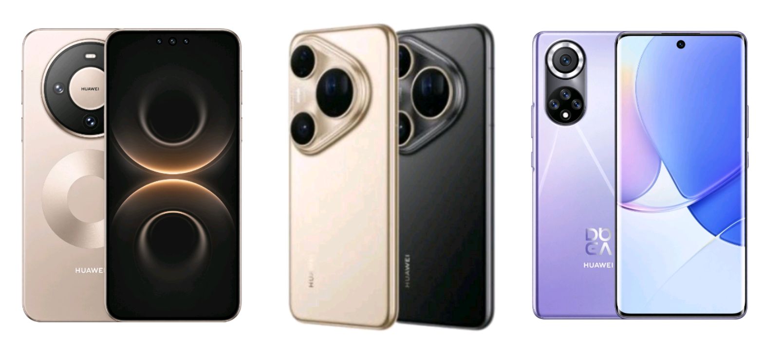 Huawei Pura, Mate, and nova phones placed side by side on a table