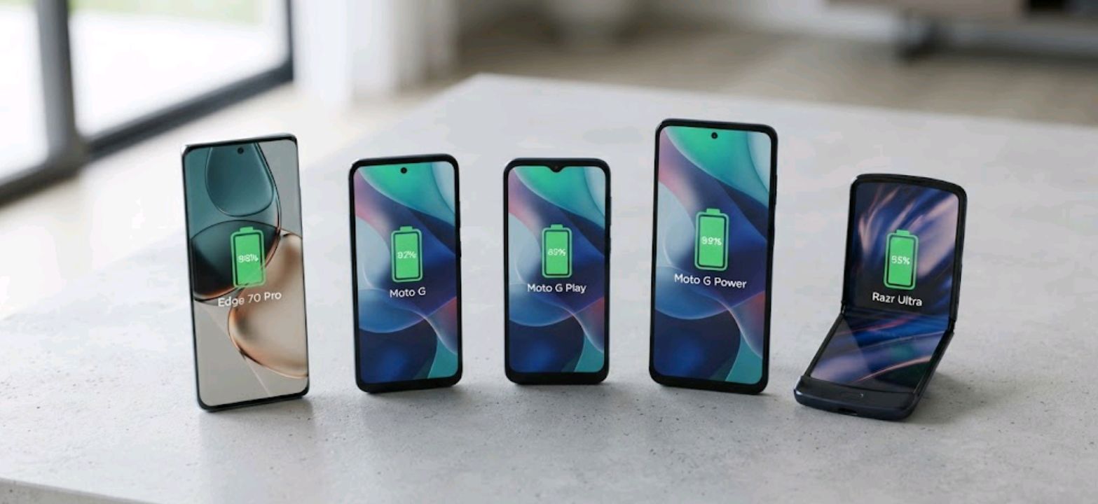 Five Motorola phones lined up side by side showing their screens and battery icons