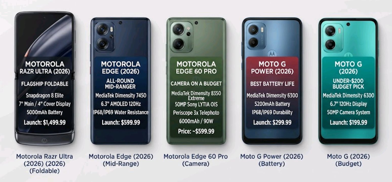 Five Motorola phones lined up side by side, including the Razr Ultra, Edge, and Moto G series