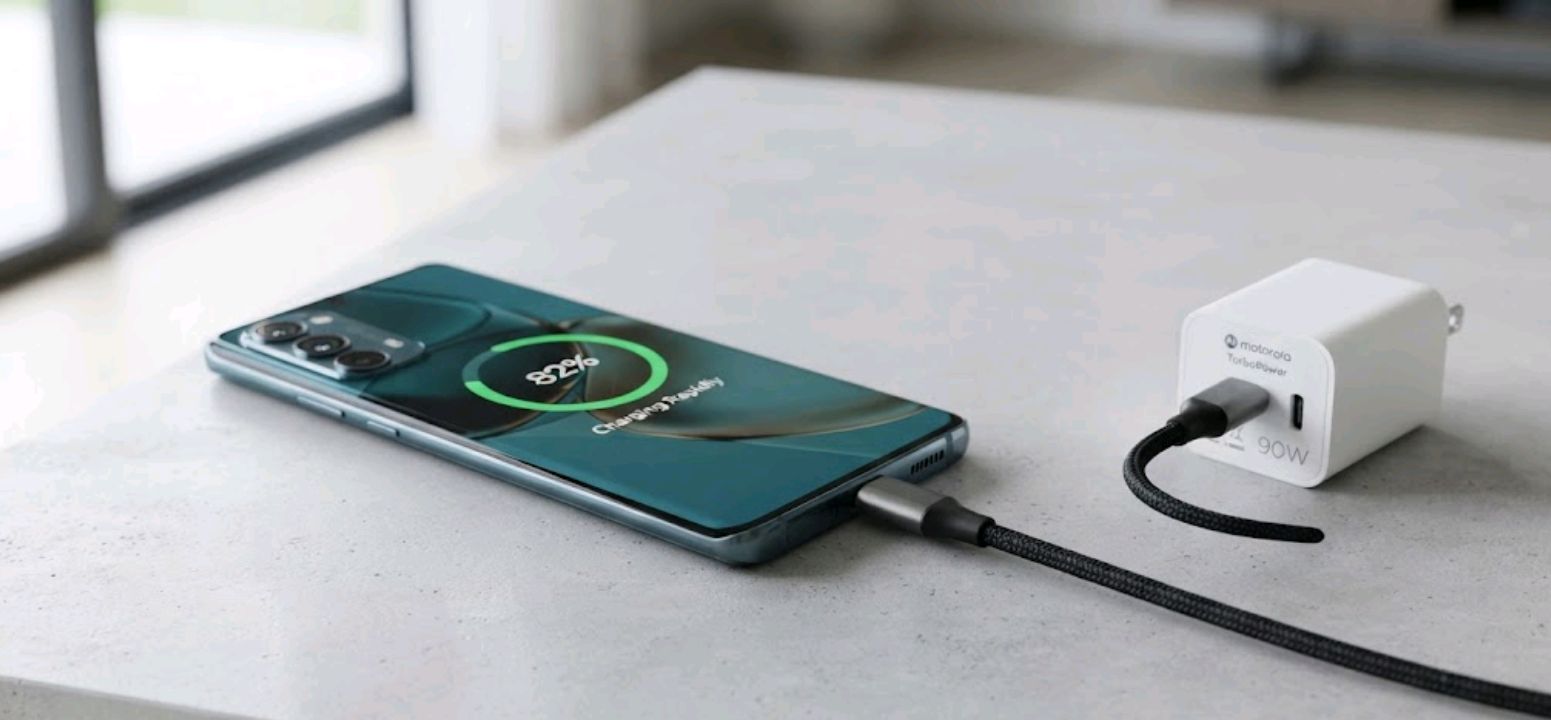 Motorola Edge 70 Pro plugged into a charger