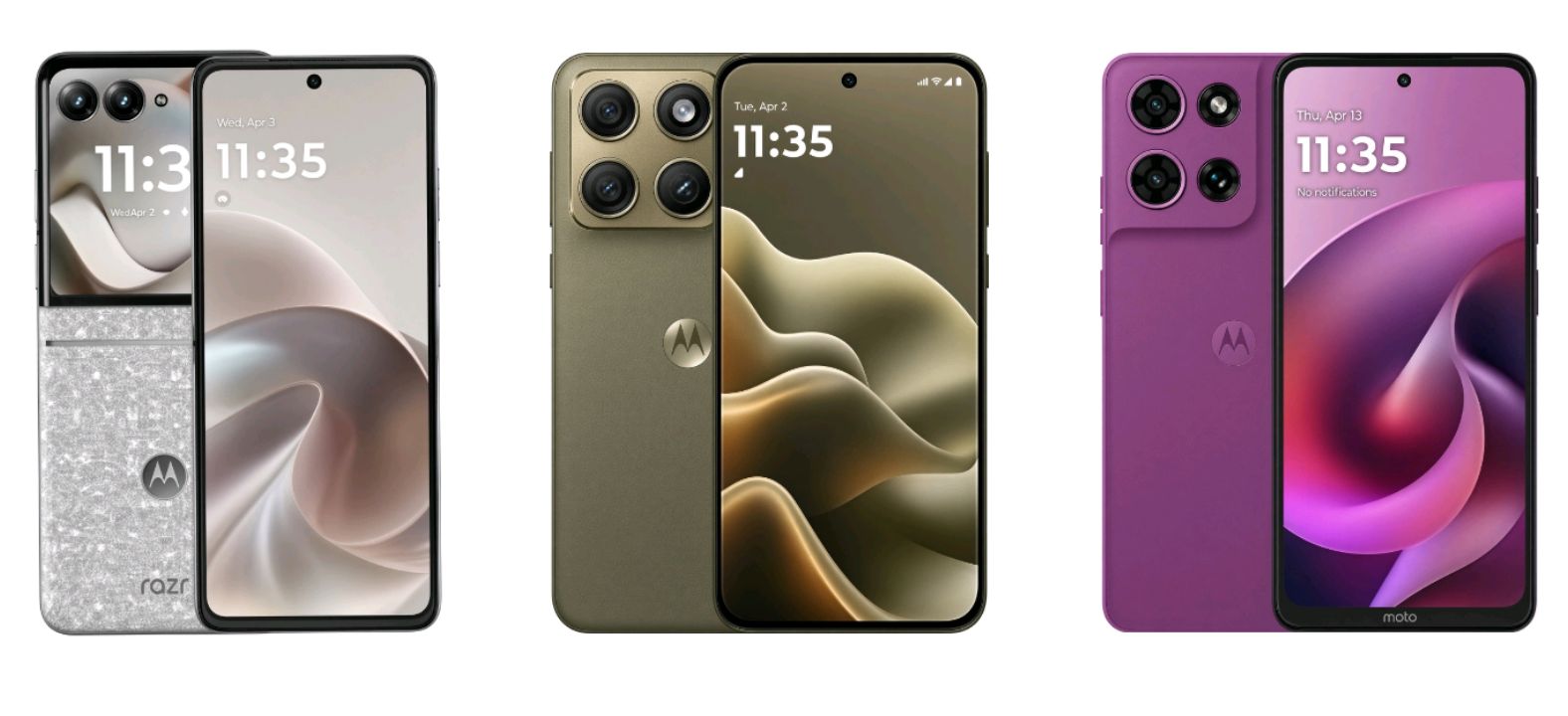 Motorola Razr, Edge, and Moto G phones from the 2026 US lineup laid side by side