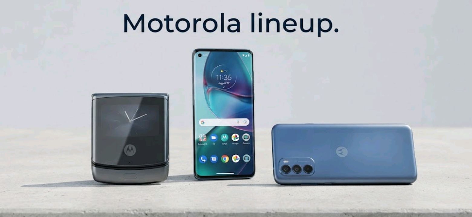 Motorola smartphones lined up showing Android software update settings screens