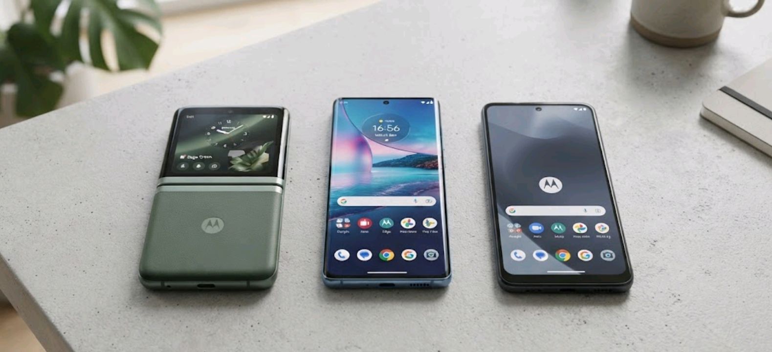 Motorola Razr, Edge, and Moto G phones lined up side by side on a table