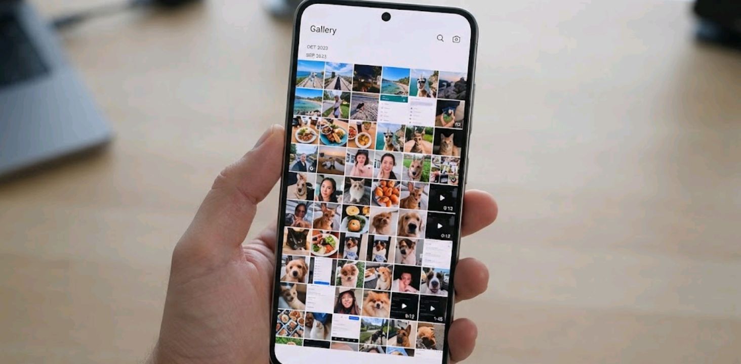 Photo and video gallery on a phone screen illustrating how media consumes local storage