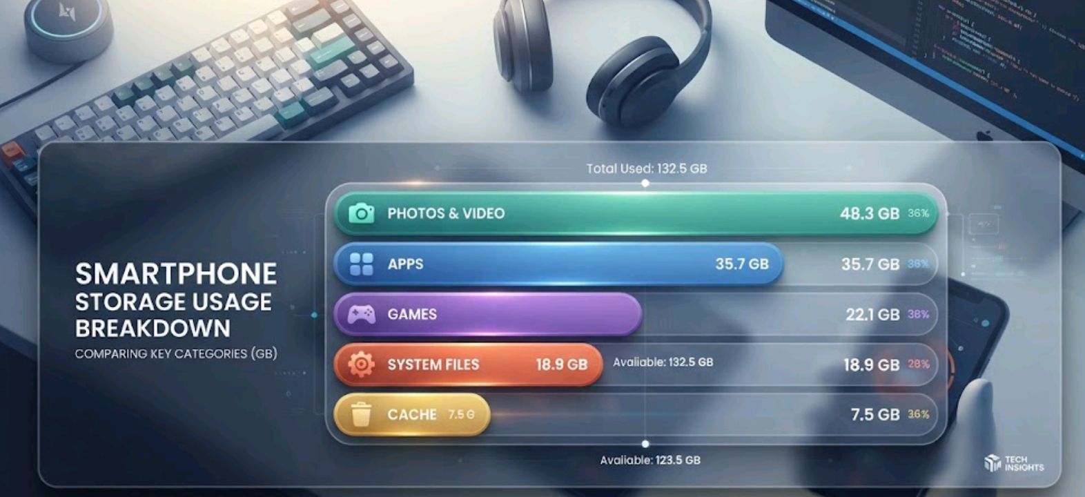 Chart comparing typical storage usage across camera, apps, games, and cache on Motorola phones
