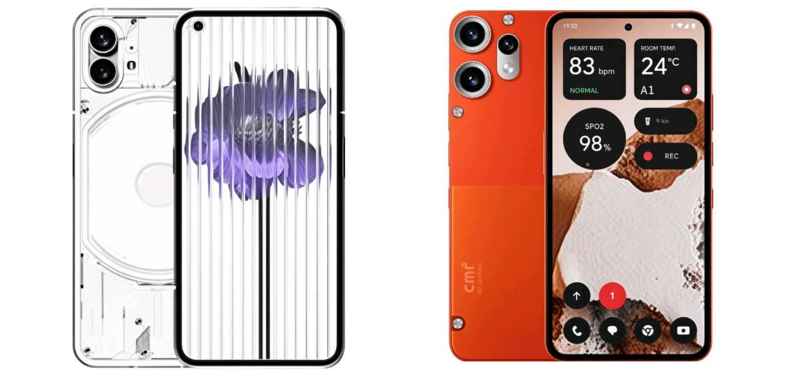 CMF Phone 1 and Nothing Phone 1 placed side by side on a desk, showing their transparent-style back panels