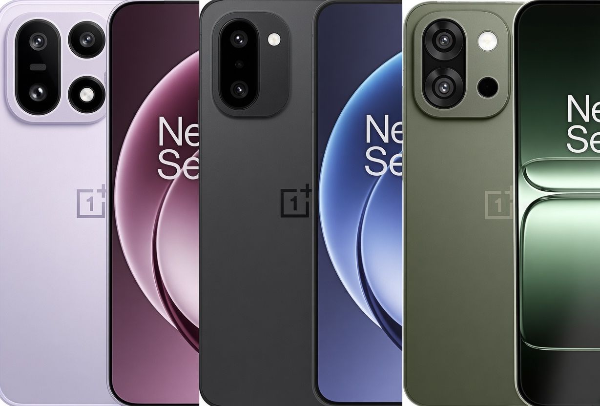 OnePlus 15 flagship next to OnePlus 15R and OnePlus 13s compact model
