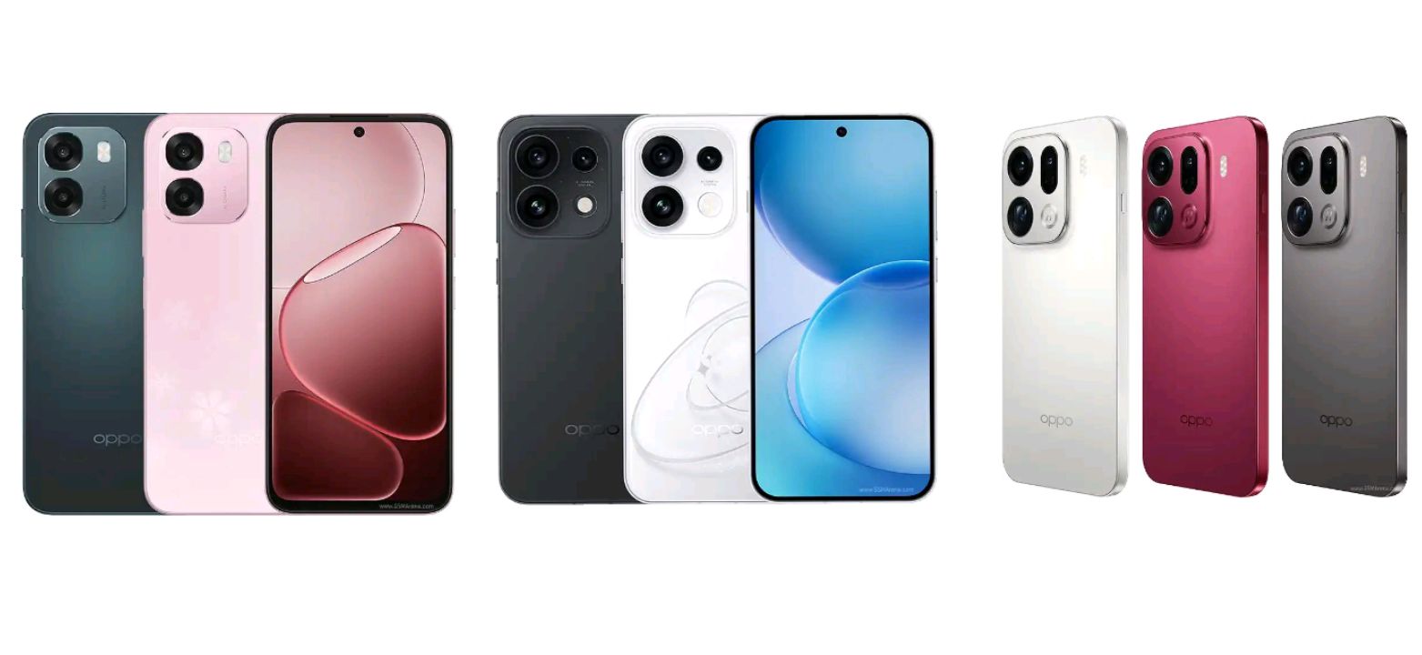 OPPO A6, Reno16 Pro, and Find X9 Pro compared on a table