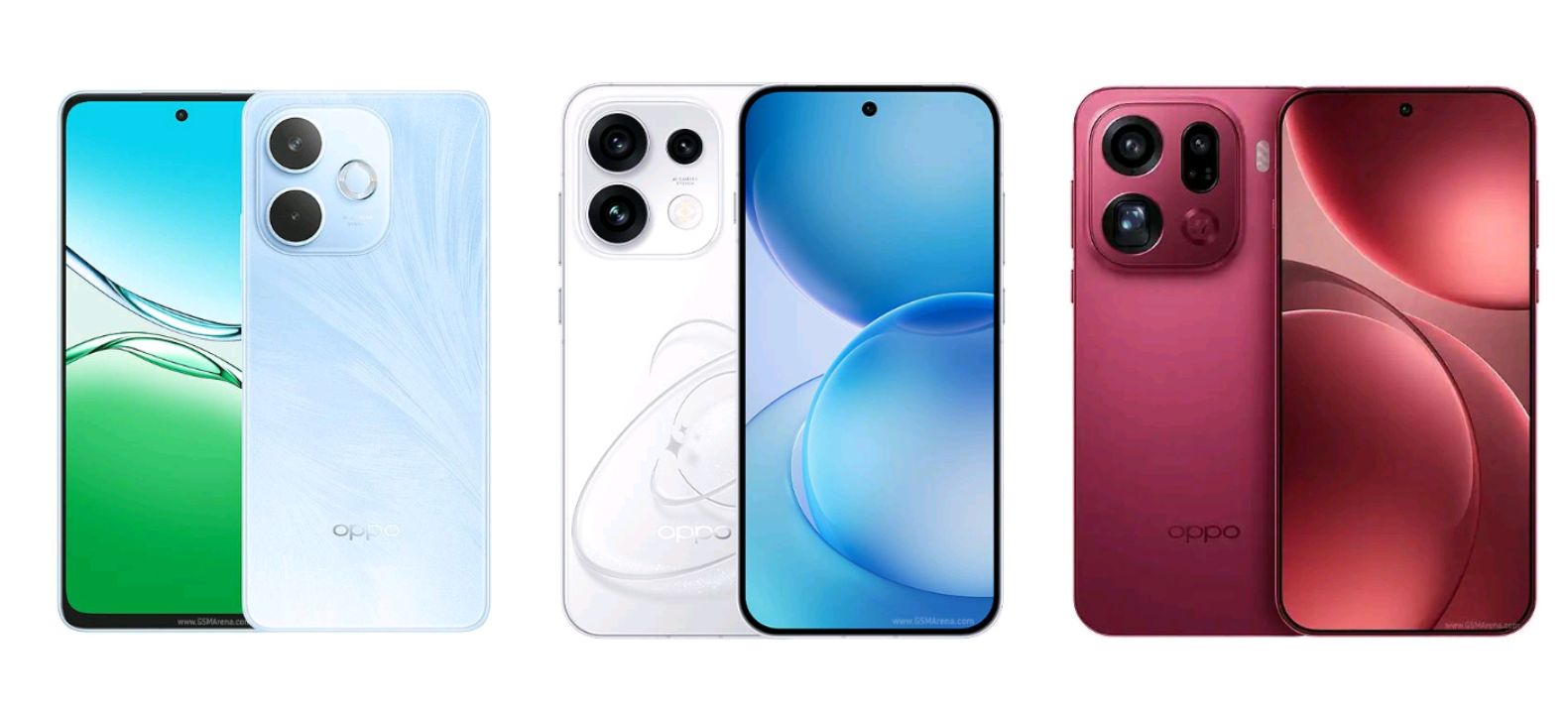 OPPO A5 Pro 5G, Reno16 Pro, and Find X9 Pro phones side by side showing their rear camera systems, for a guide comparing OPPO's camera lineup in Australia