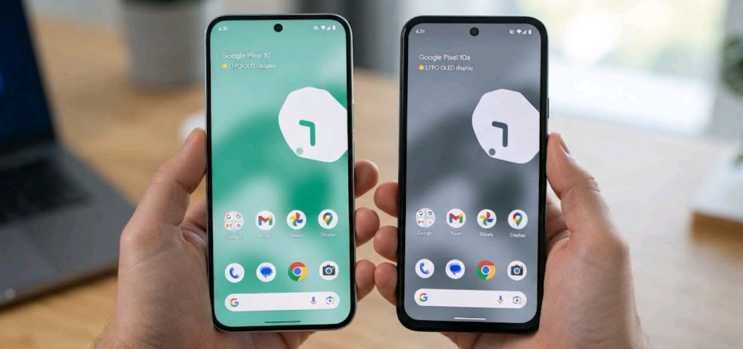 Pixel 10 and Pixel 10a held side by side, showing the size and build difference