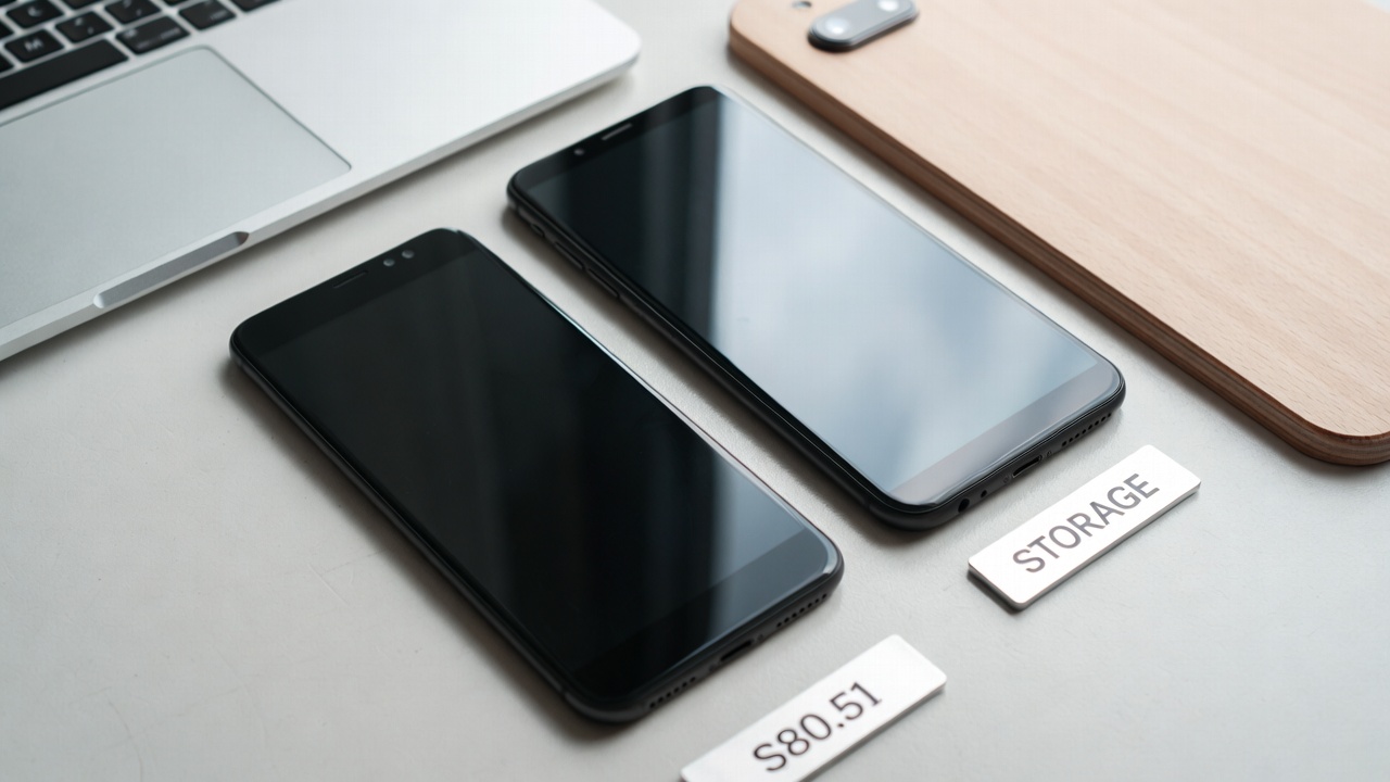 Side-by-side illustration of a phone buyer choosing between 128GB and 1TB — a decision that's simpler than the marketing makes it appear