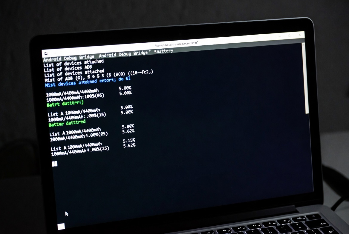 ADB battery stats command output on a laptop terminal