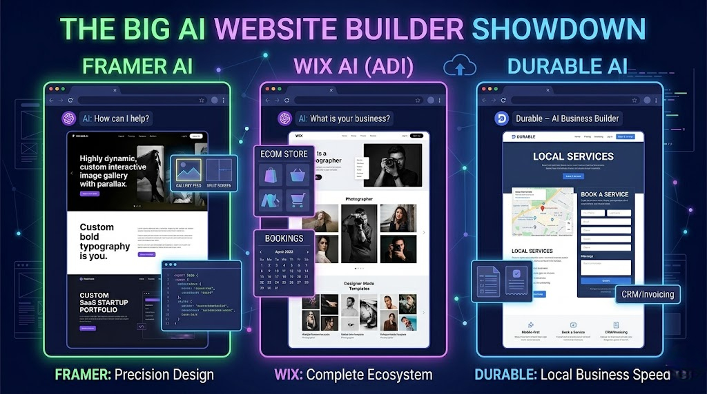 Screenshot comparison of AI-generated website layouts from different tools