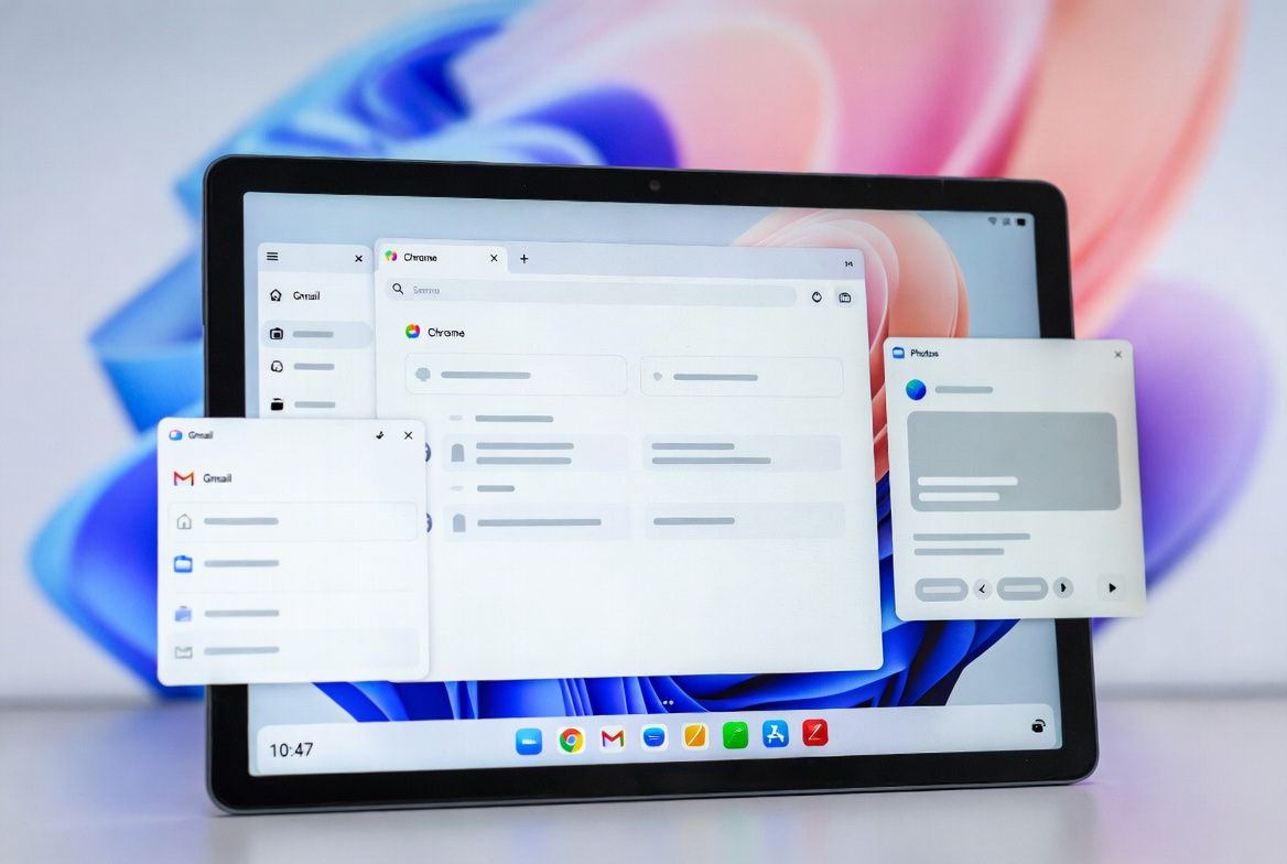 Android 16 desktop windowing mode on a tablet with multiple apps open