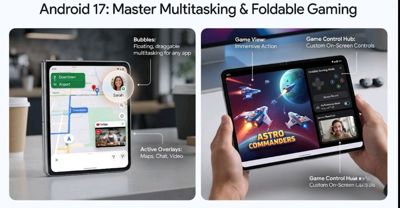 Bubbles floating app windows and foldable gaming mode on Android 17
