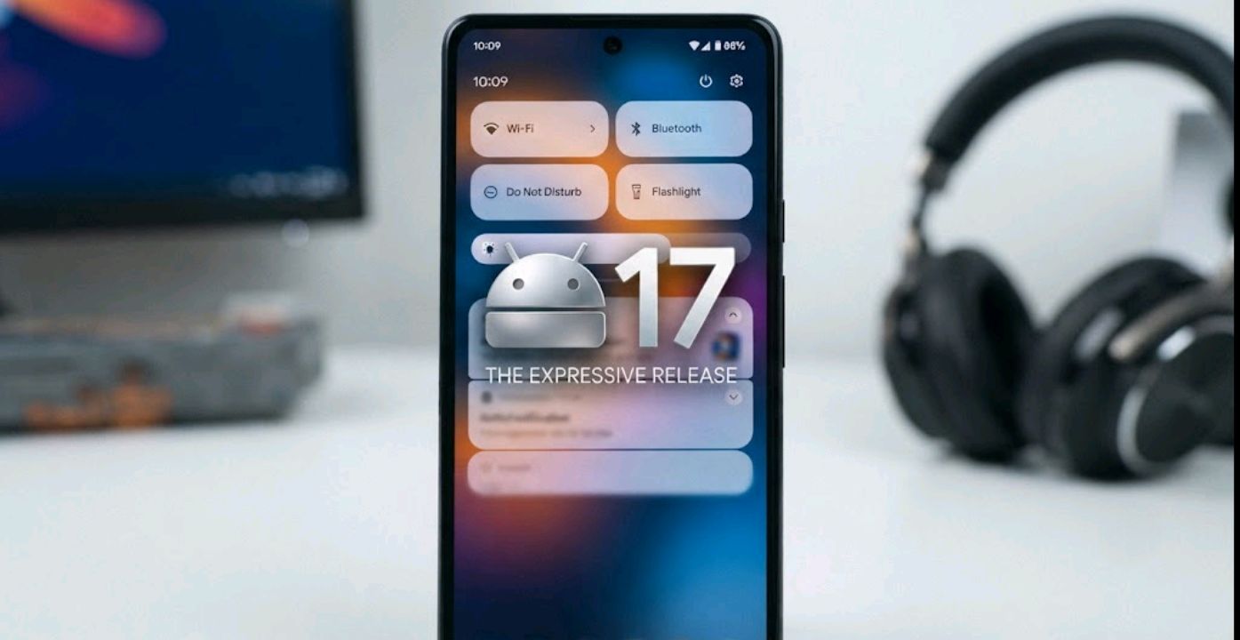 Android 17 logo over a frosted-glass style phone interface showing the new Material 3 Expressive design