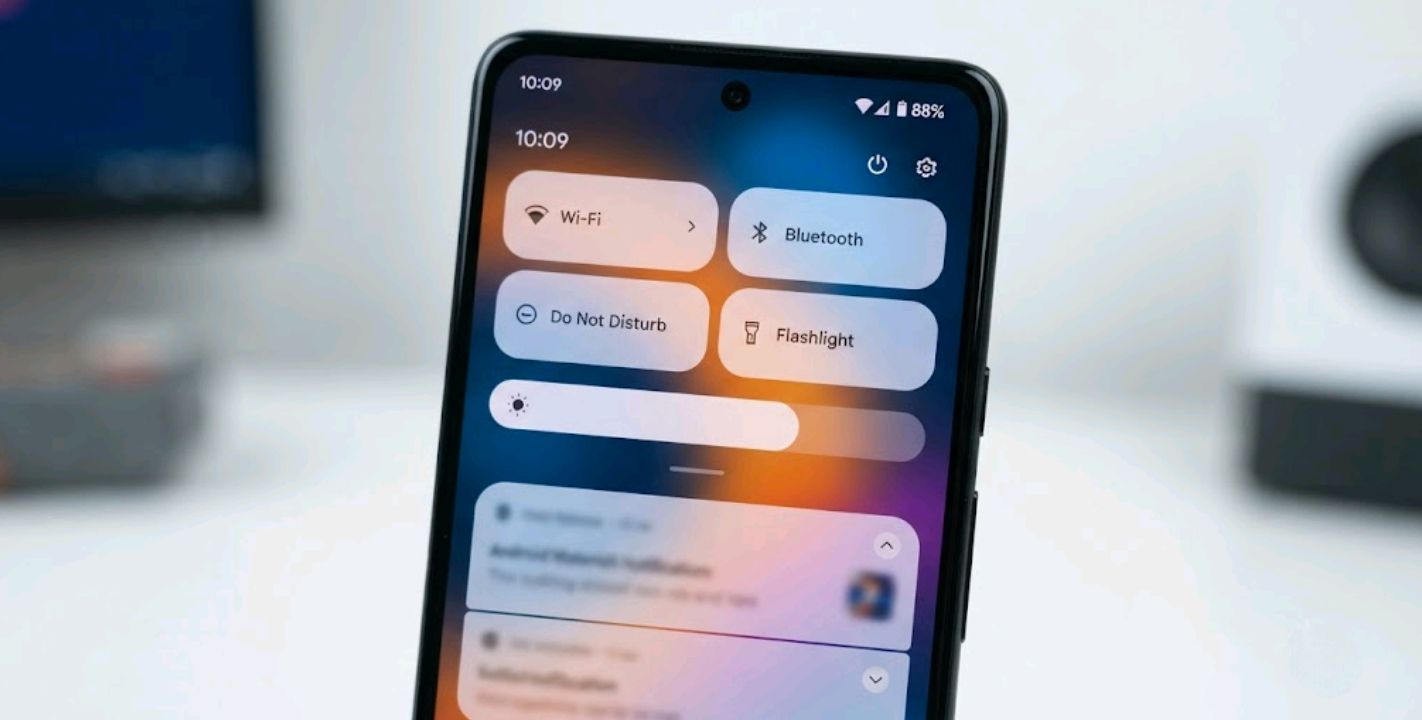 Material 3 Expressive frosted-glass interface on Android 17