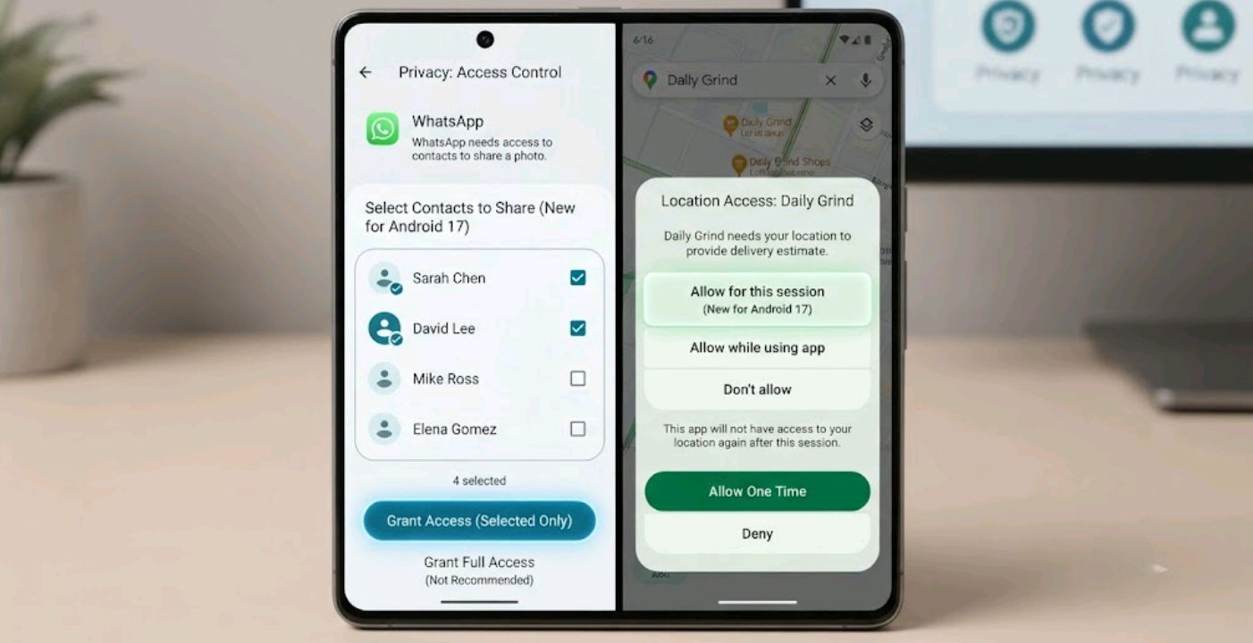 Android 17 privacy controls including selective contact sharing and one-time location access