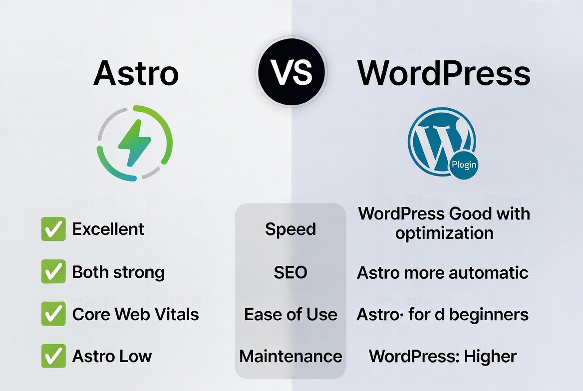 Comparison between WordPress auto SEO features and Astro manual setup
