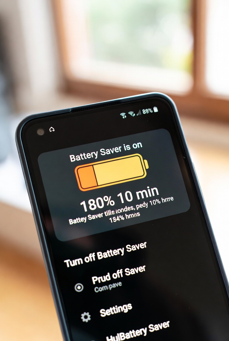 Android battery saver mode active showing remaining battery usage time estimate