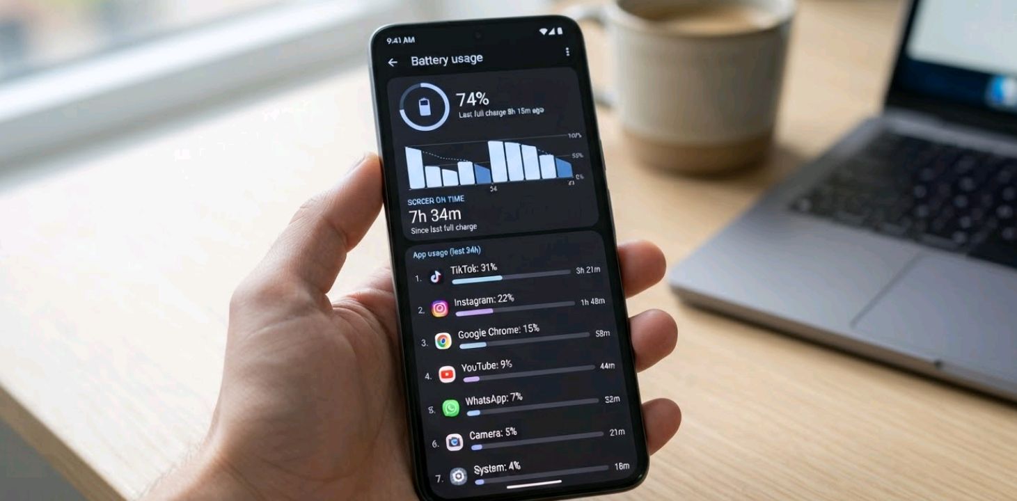 Close-up of a phone battery settings screen showing screen-on time