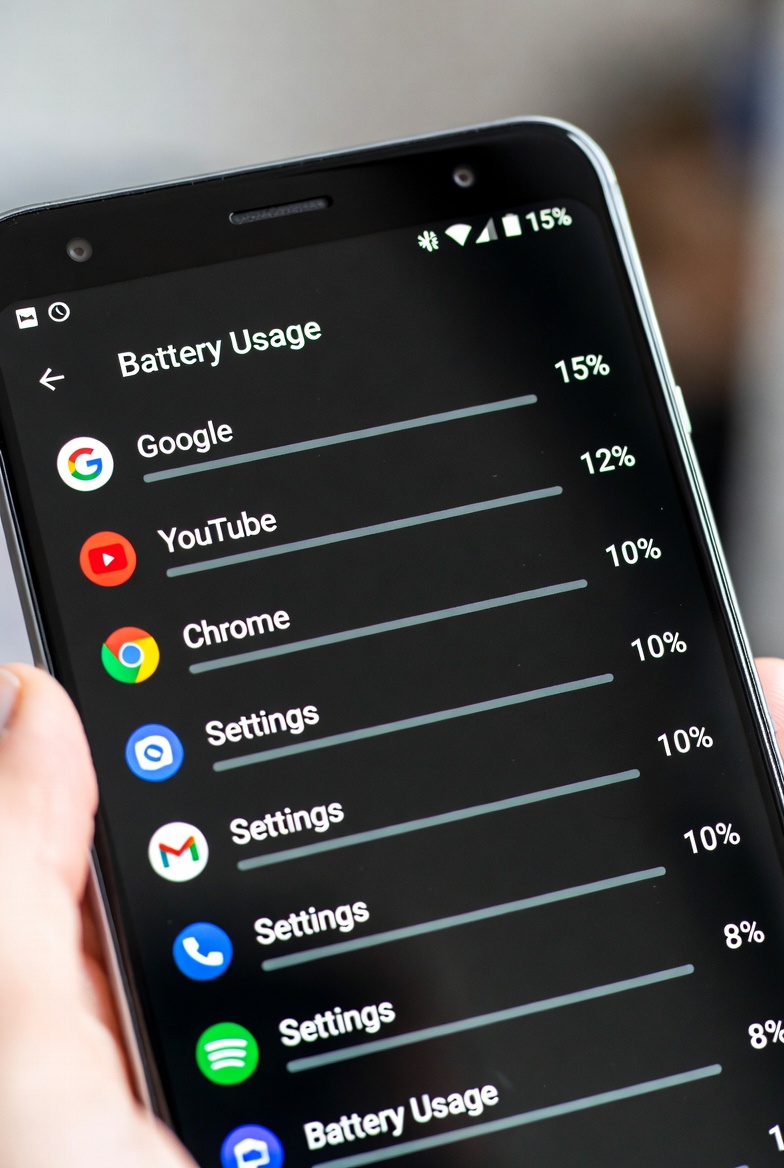 Android battery usage screen showing per-app battery consumption breakdown on smartphone