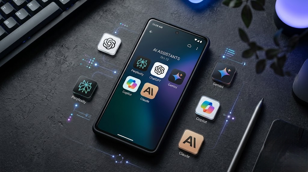 Five AI app icons arranged on an Android phone screen — Claude, ChatGPT, Perplexity, Copilot, and Gemini — on a dark background