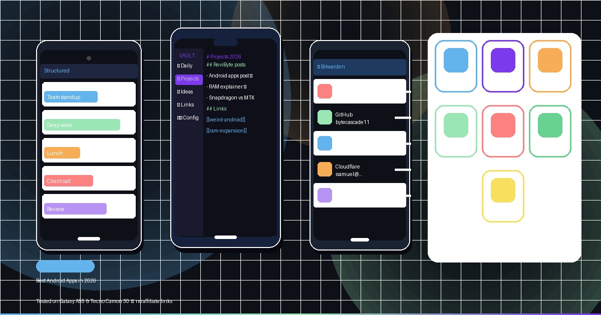 Three Android phone mockups showing Structured, Obsidian, and Bitwarden app interfaces alongside a grid of seven app icons on a dark background