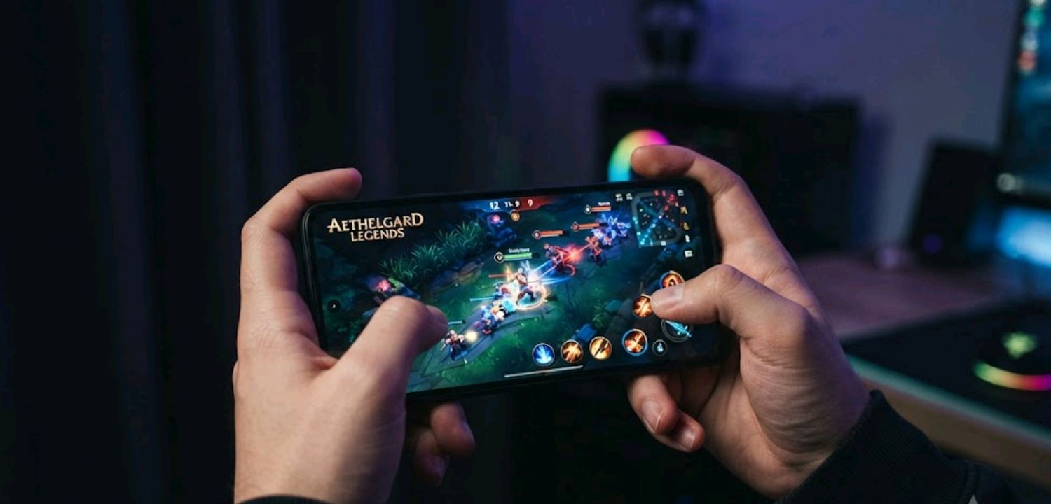 Budget smartphone displaying a mobile game on a dark background