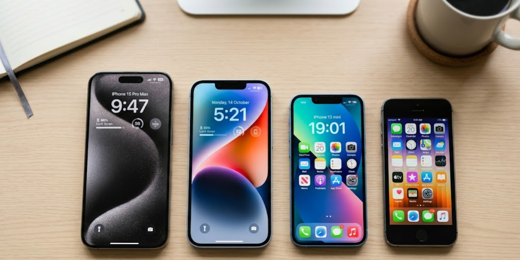 Multiple iPhones on a desk with battery percentage visible on each screen