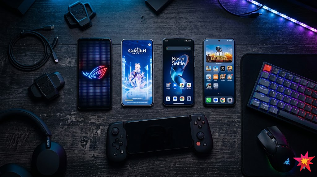 A flat-lay or overhead shot of multiple smartphones arranged on a dark surface or gaming desk, ideally with a controller or RGB keyboard nearby. Dark moody aesthetic. No text overlays.