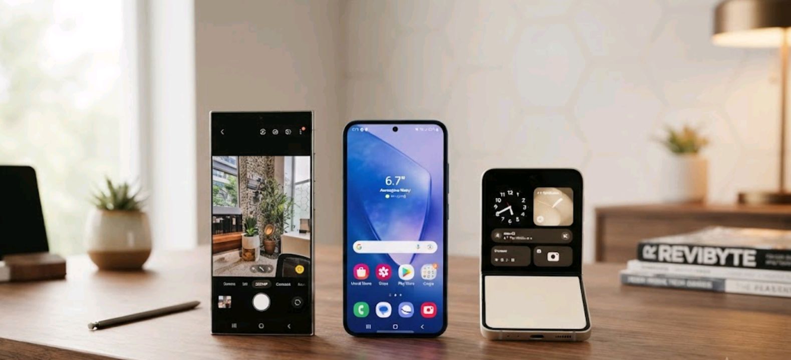 Samsung Galaxy S26 Ultra, A56, and Z Flip 7 lined up on a wooden desk showing their screen