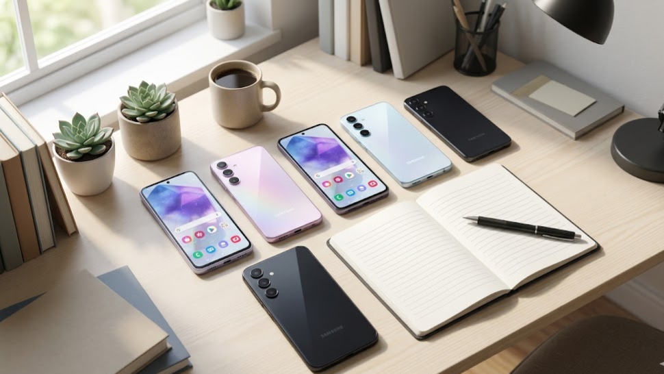 Best Samsung phones for students 2026 lineup on a desk with notebooks