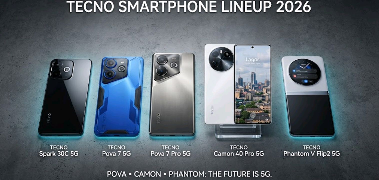 Five TECNO 5G smartphones arranged side by side, representing the best TECNO 5G phones in Nigeria for 2026