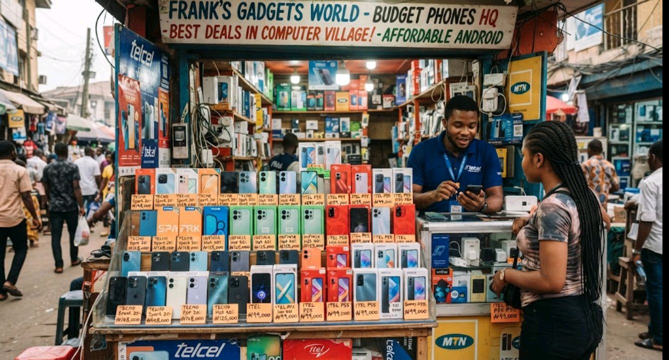 Budget Android phones on display at a Computer Village retail stall in Lagos