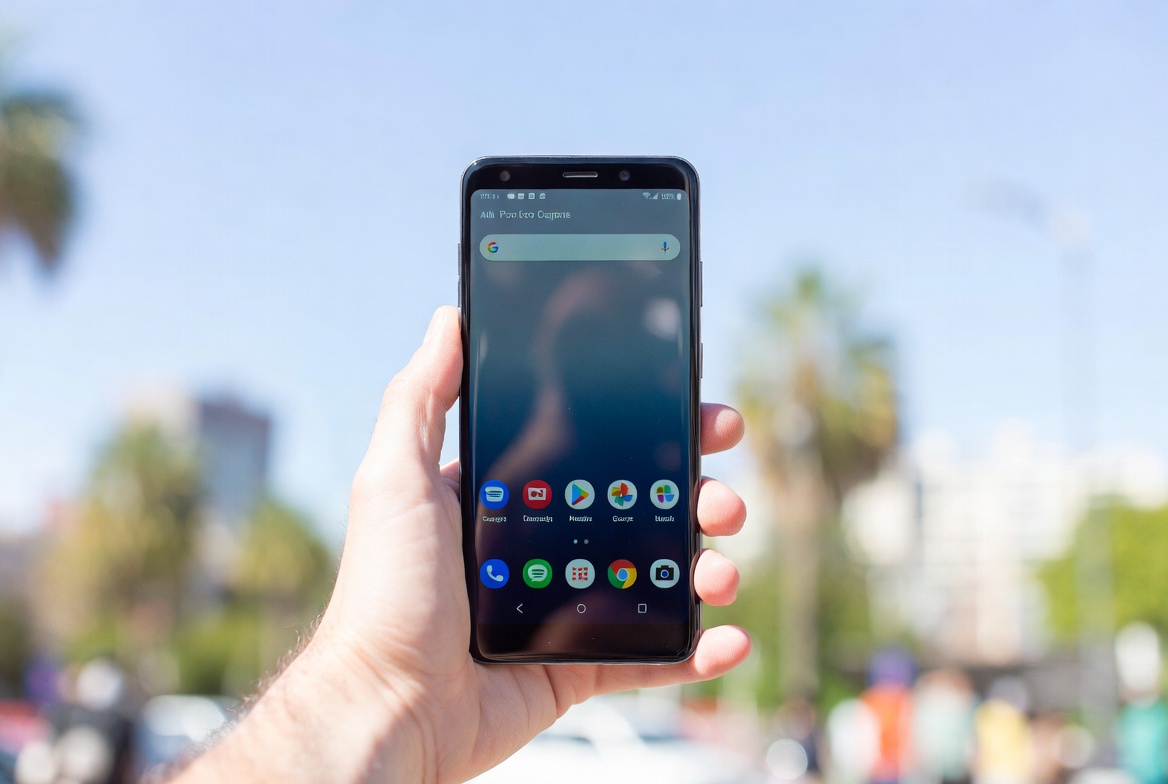 Hands holding two smartphones comparing screen brightness outdoors