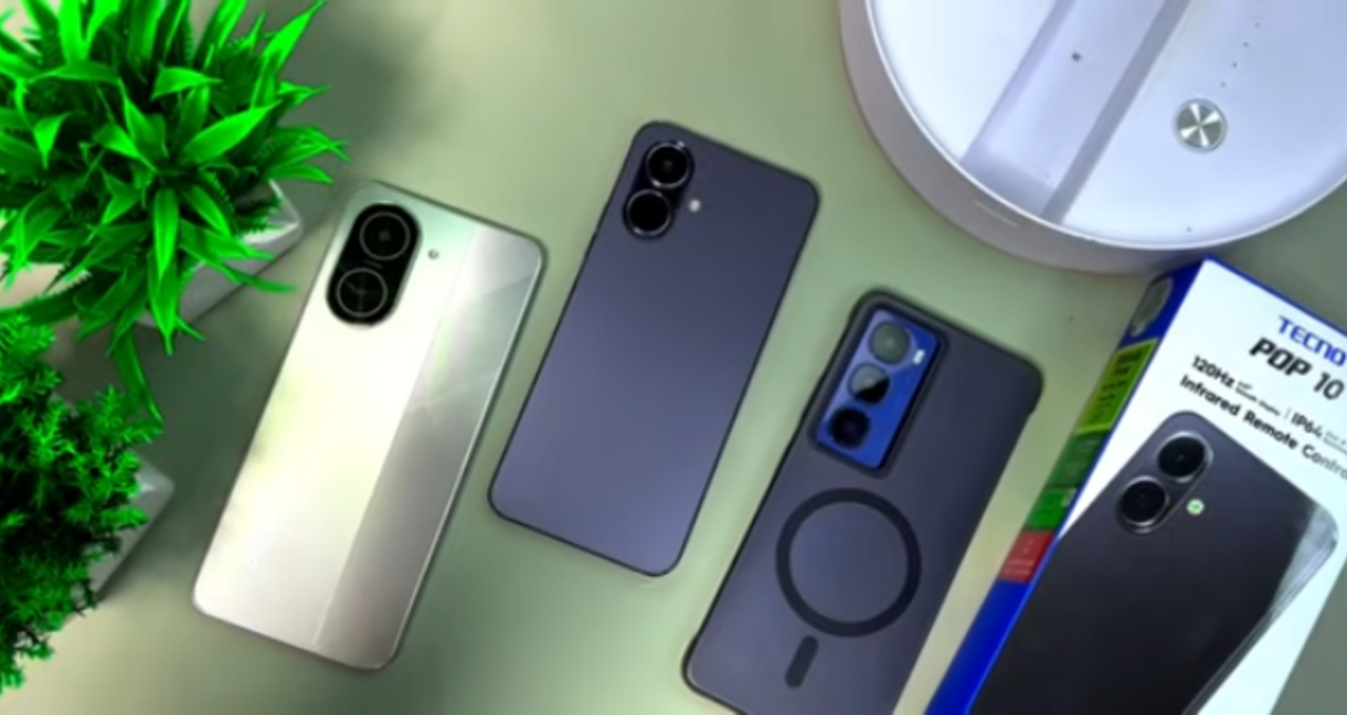 Budget smartphone comparison laid out on a table showing itel, Tecno, and Infinix entry-level models