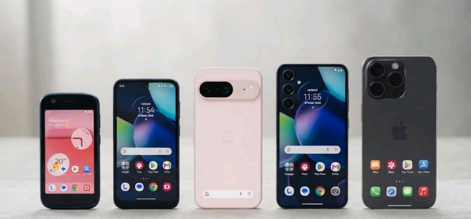 Row of budget smartphones ranging from entry-level to $500 price tier