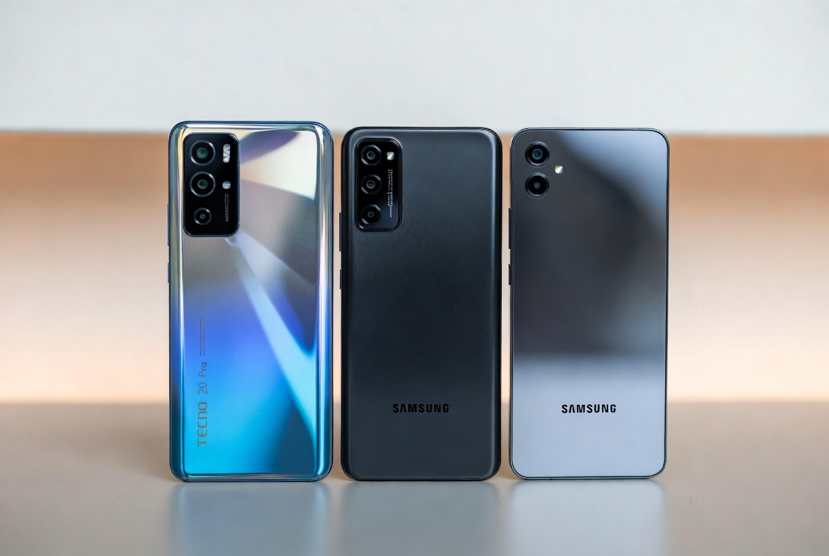 Tecno Spark 20 Pro, Samsung Galaxy A05, A14, and A15 laid side by side on a surface