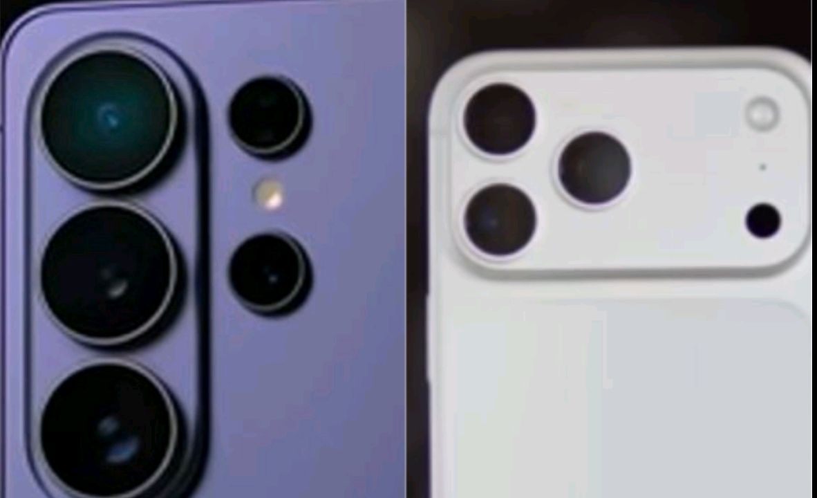 A close-up comparison of four smartphone camera modules on a wooden table, showing different lens configurations