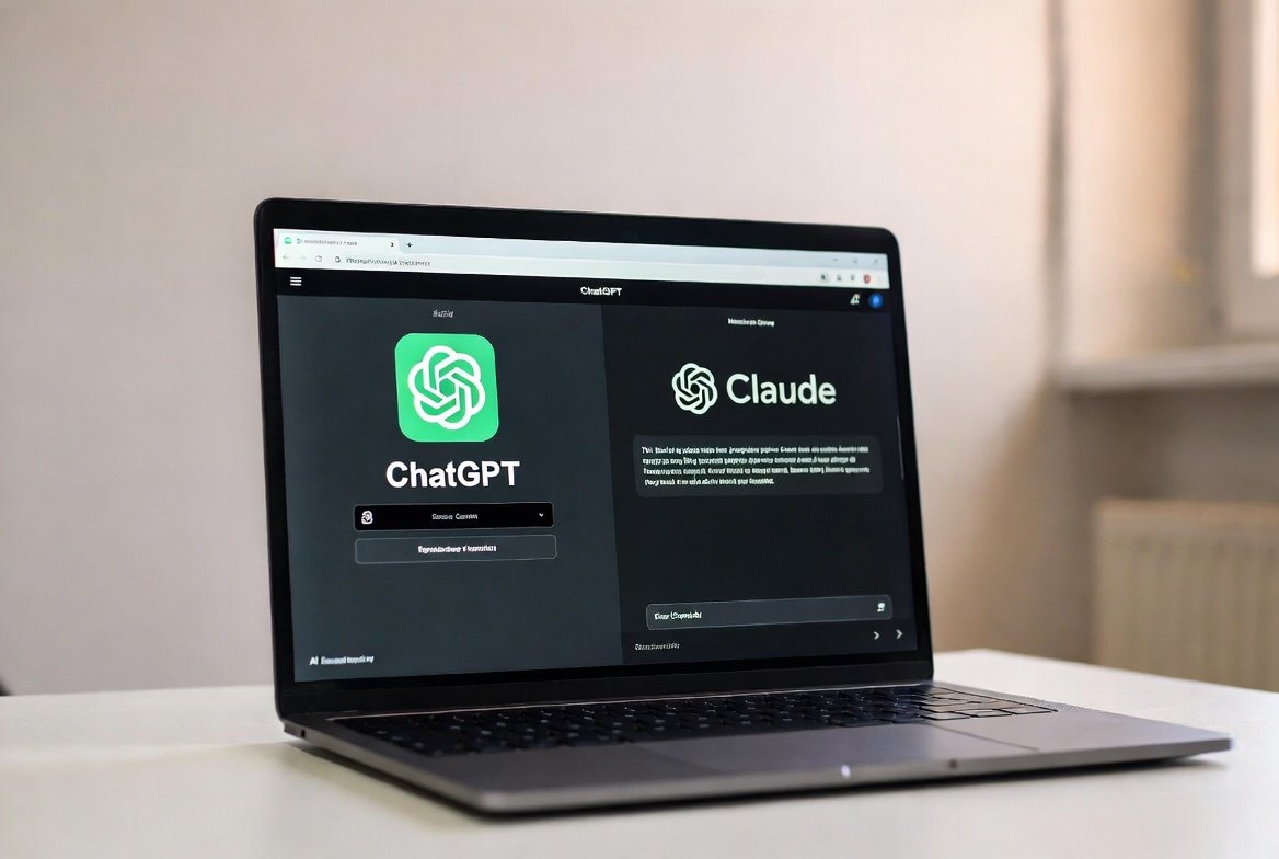 ChatGPT and Claude open side by side on a laptop screen with ReviByte in the background