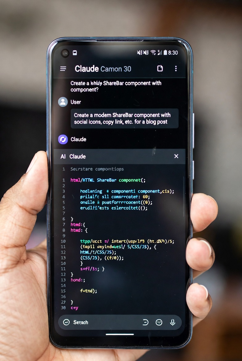 Claude conversation on mobile showing the ShareBar prompt and the returned Astro component code