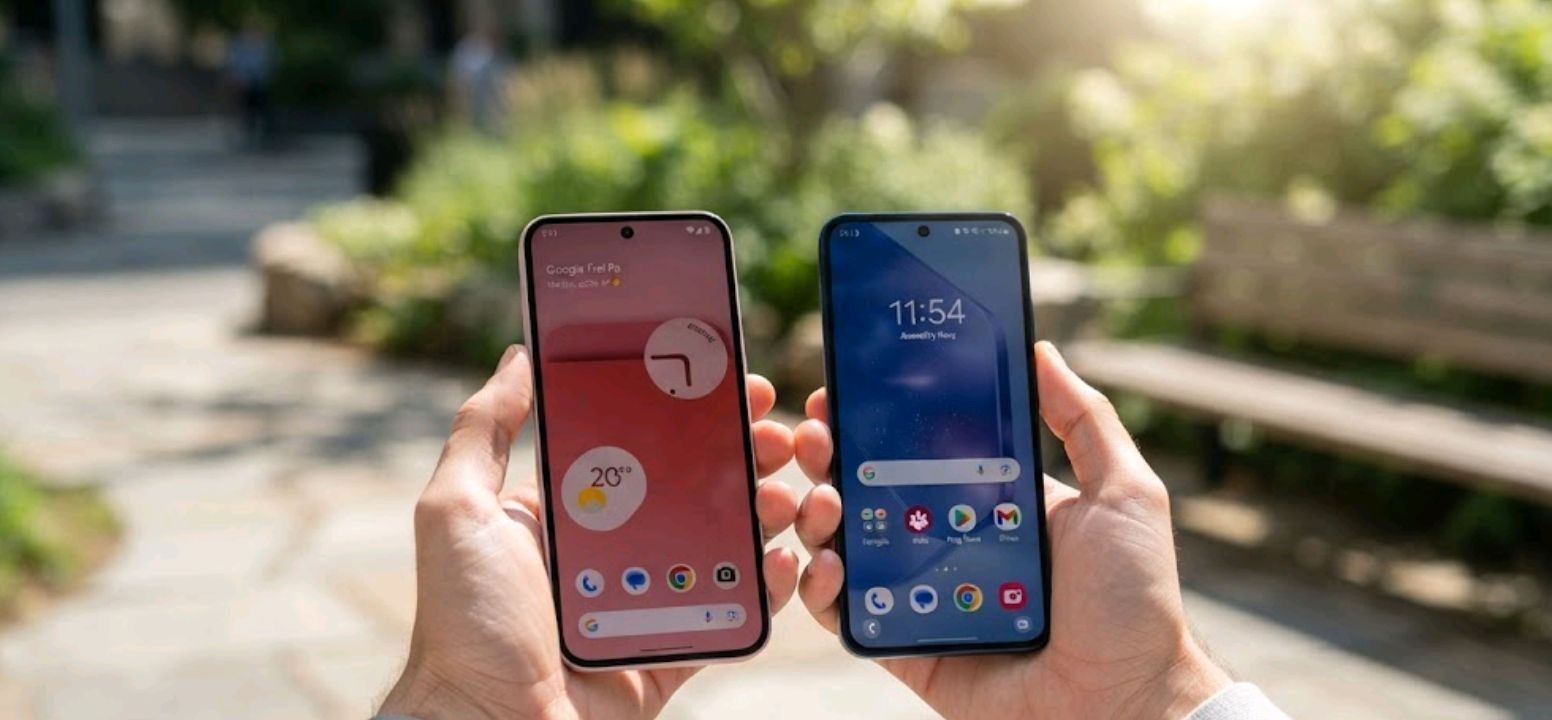 Person comparing two budget phone displays side by side outdoors