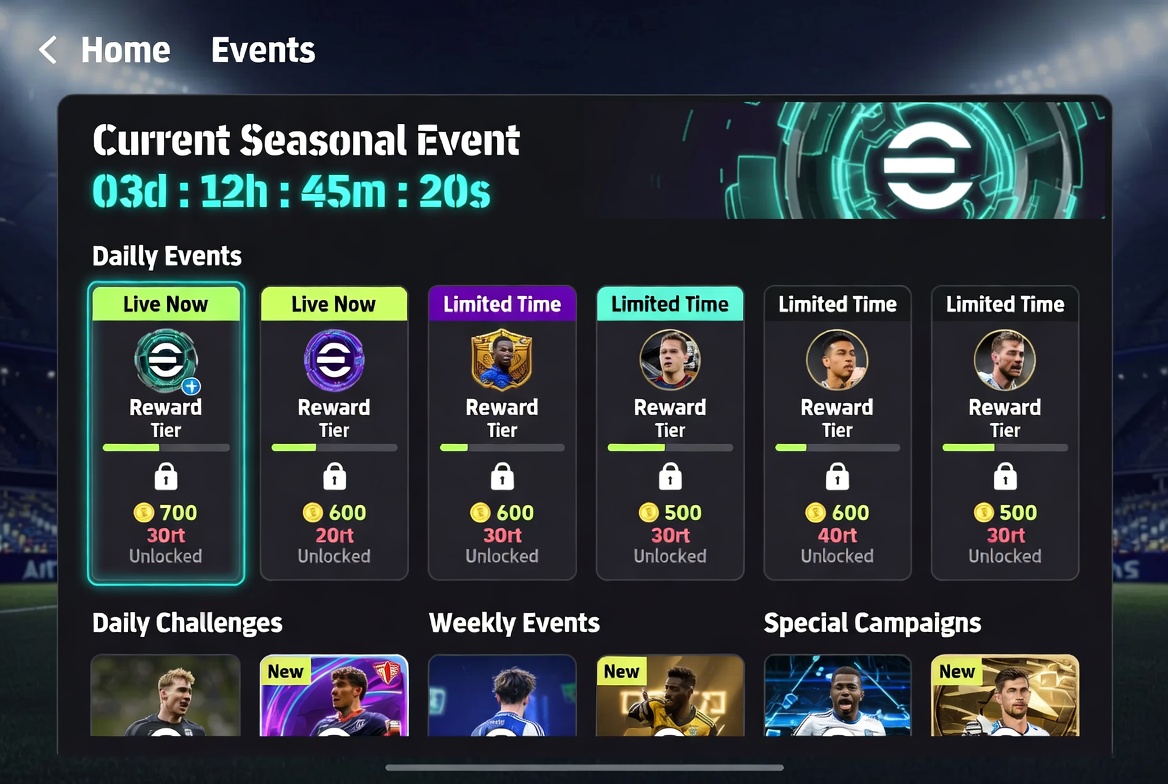 eFootball 2026 mobile event lobby showing seasonal events, reward tiers and gameplay challenges