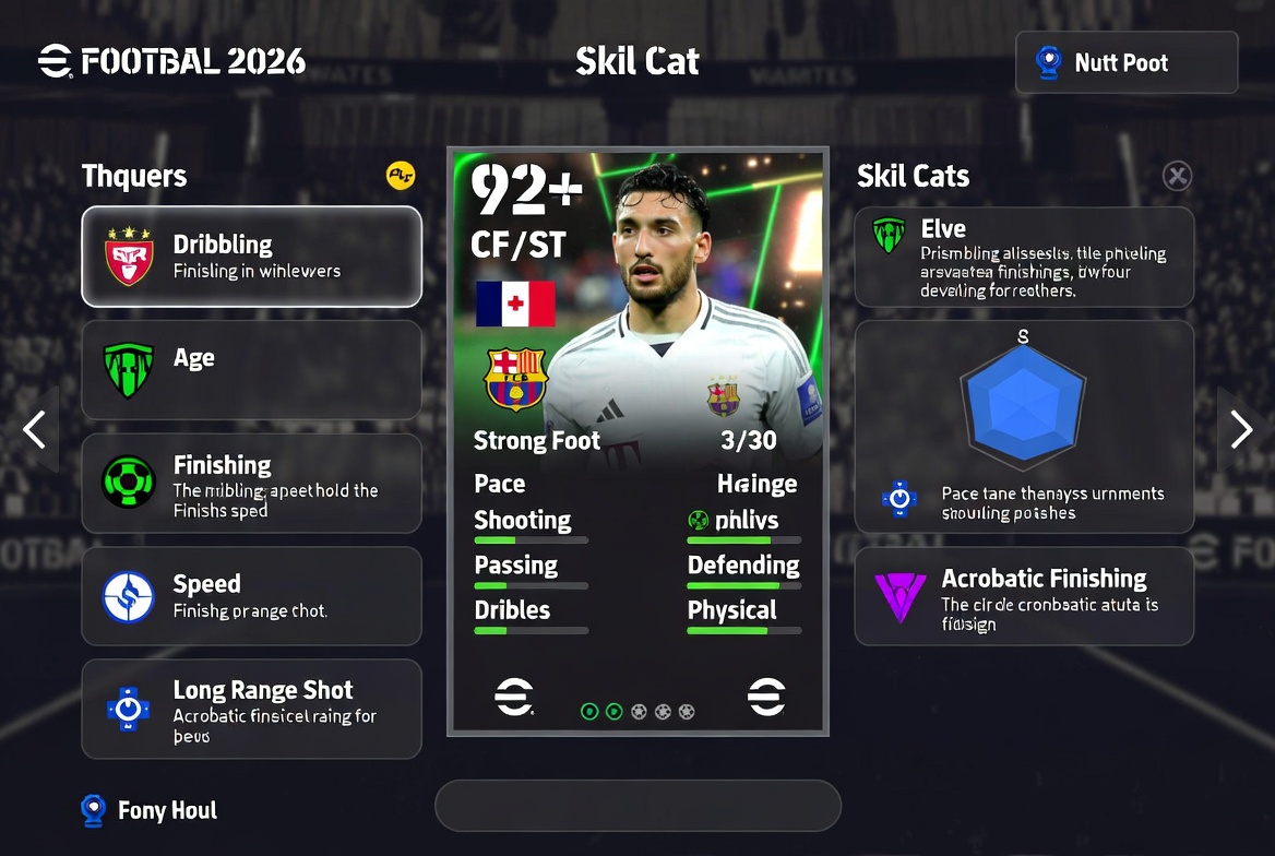 eFootball 2026 mobile review — player skill card showing stats and special abilities for a forward