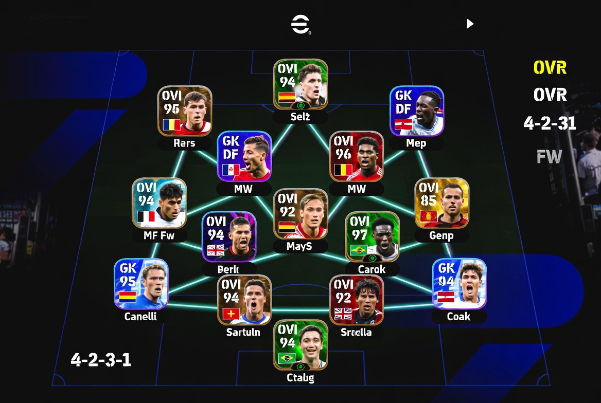 eFootball 2026 mobile squad builder showing team lineup, player positions and OVR ratings