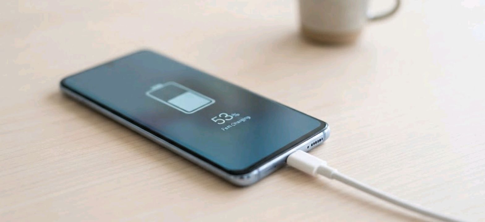 Smartphone connected to a fast charger with a battery percentage indicator on screen