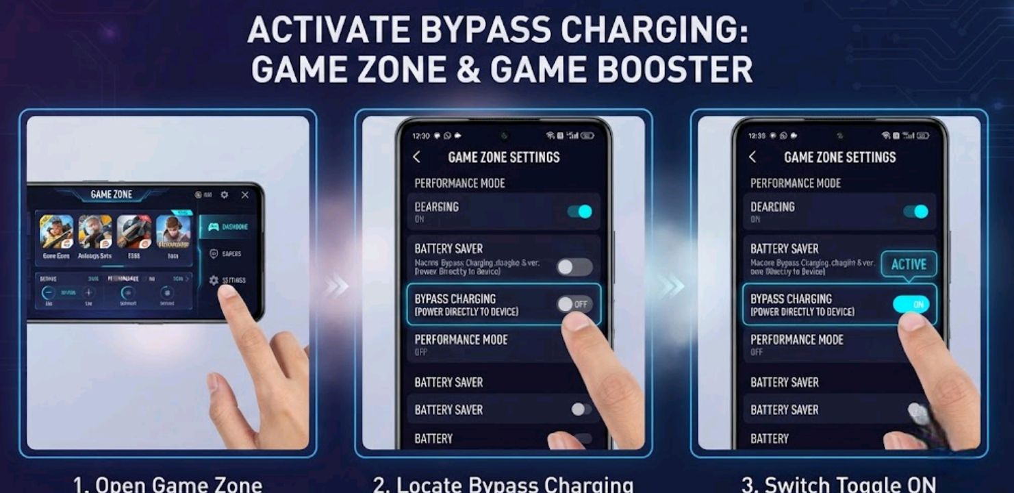 Steps to enable bypass charging in Game Zone settings