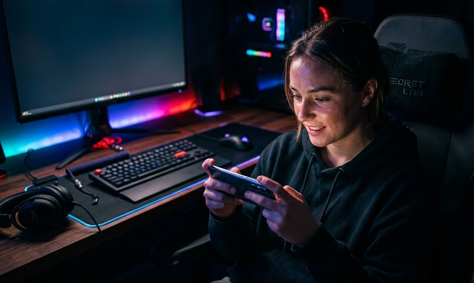 A person gaming on a smartphone with RGB-lit setup in the background