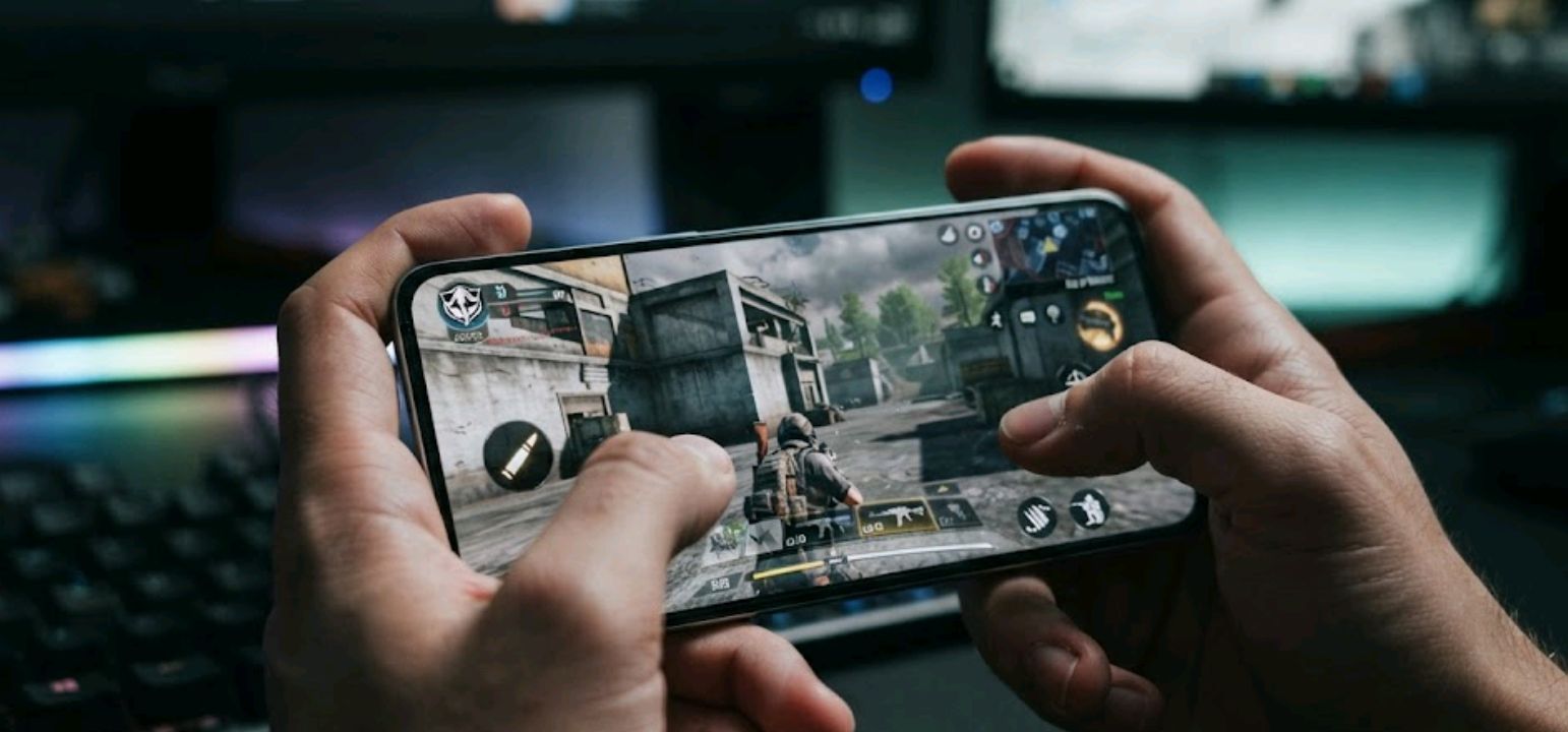 Hands holding a budget Android phone mid-game session